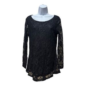 Soteer Black Lace Tunic Top Women’s Size M Lined Long Sleeve Stretchy